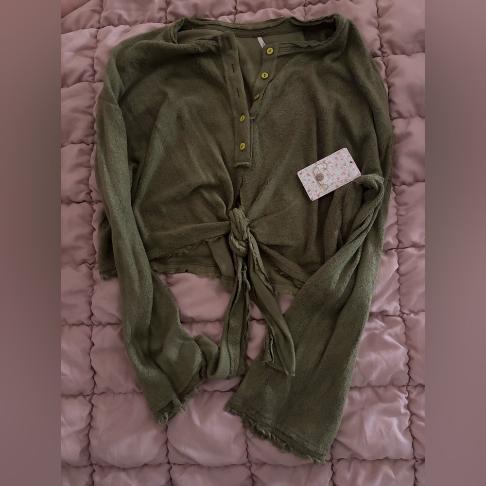 Free People Olive Green Tie-Front Long Sleeve Top